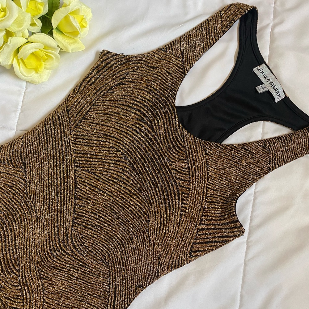Almost famous, size small black and gold dress, midi dress, racerback sleeve